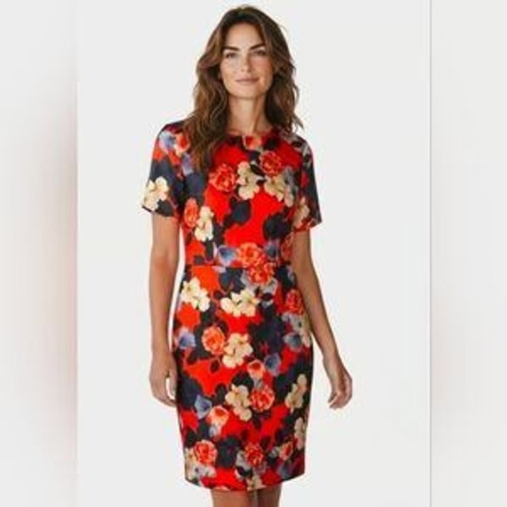 J Crew Collection Floral Sheath Dress Orange Navy Silk Wool Short Sleeve Size 00